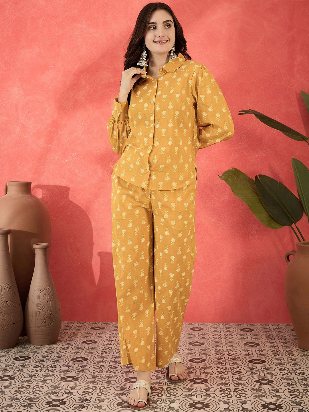 

Sangria Printed Pure Cotton Shirt With Palazzo Co Ords, Mustard