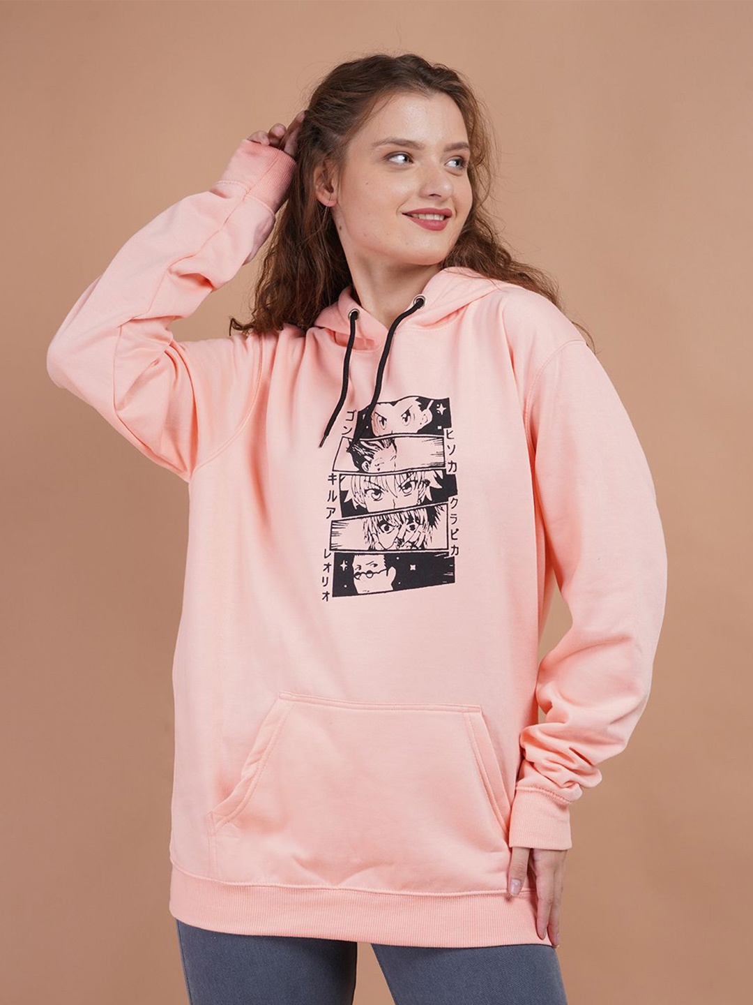 

Lugo Women Graphic Printed Hooded Cotton Sweatshirt, Peach