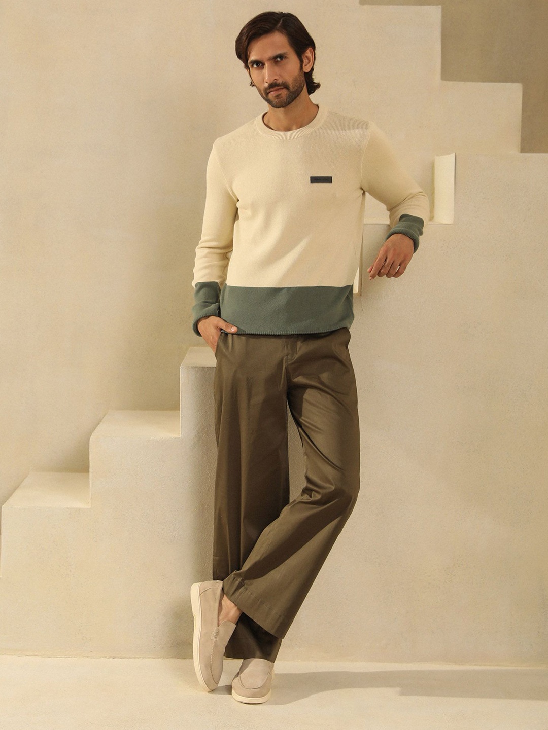 

PRIMAL GRAY Men Colourblocked Cotton Pullover, Cream