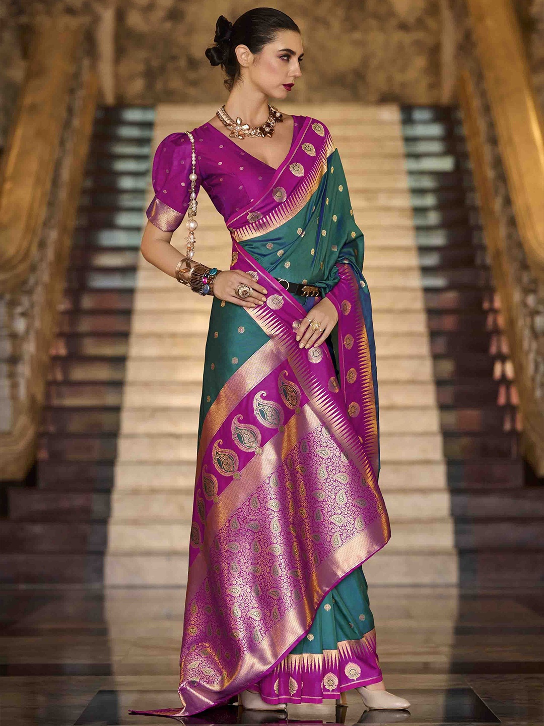 

Mitera Ethnic Motifs Woven Design Zari Saree With Unstitched Blouse Piece, Teal