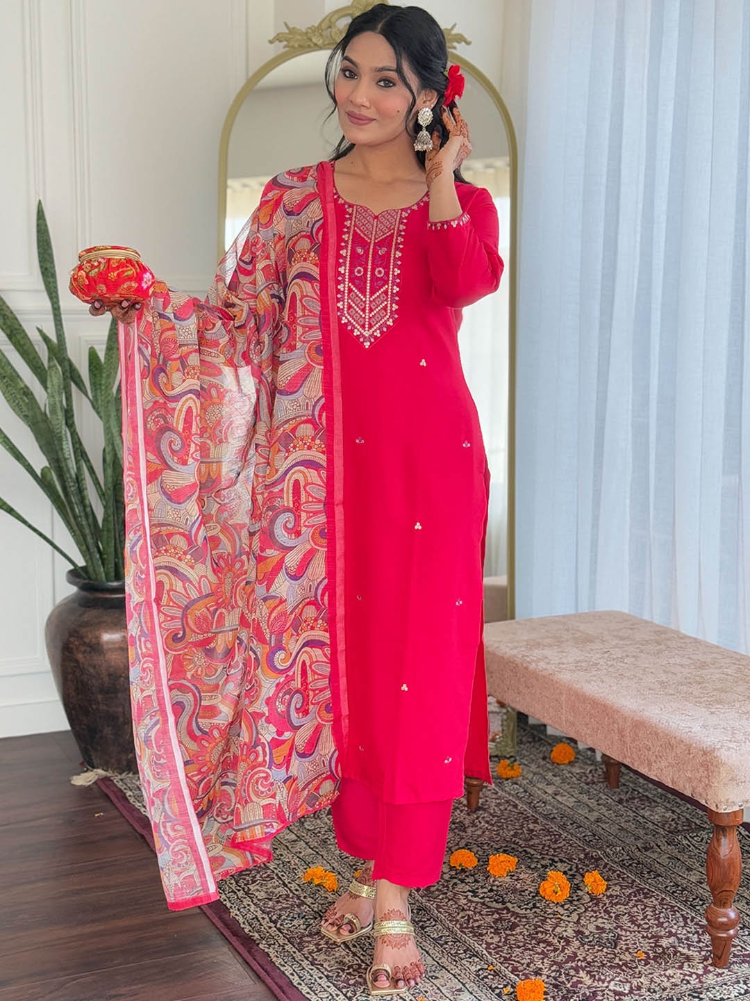 

Growdamy Ethnic Motifs Embroidered Mirror Work Straight Kurta with Trousers & Dupatta, Pink