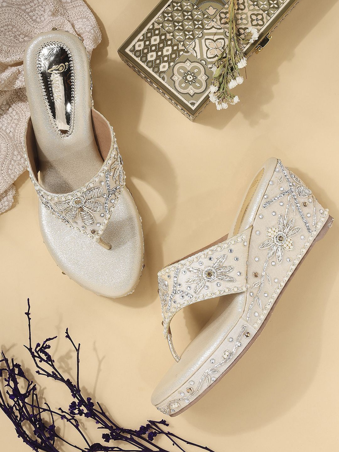 

V-WALK Women Embellished Wedge Heel Sandals, Gold
