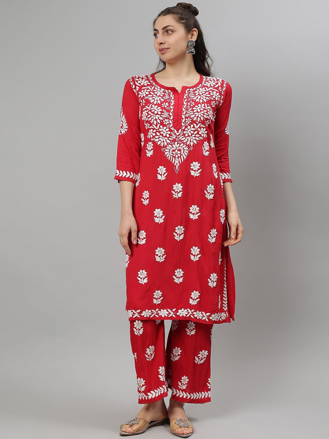 

Seva Chikan Ethnic Motifs Embroidered Notch Neck Chikankari Straight Kurta With Palazzos, Red