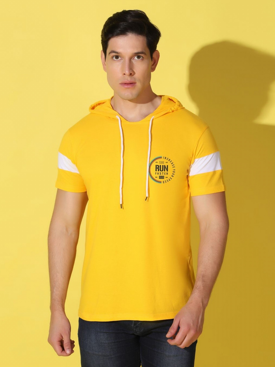 

WOOSTRO Men Typography Printed Hooded Slim Fit T-shirt, Yellow