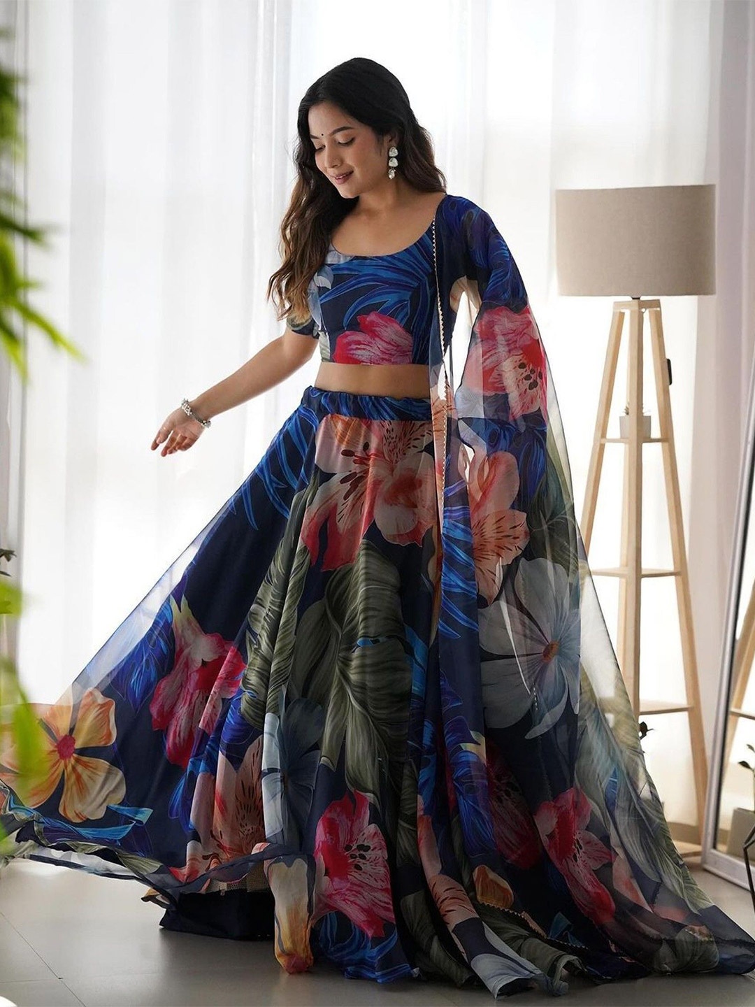 

BAESD Floral Printed Semi-Stitched Lehenga & Unstitched Blouse With Dupatta, Blue
