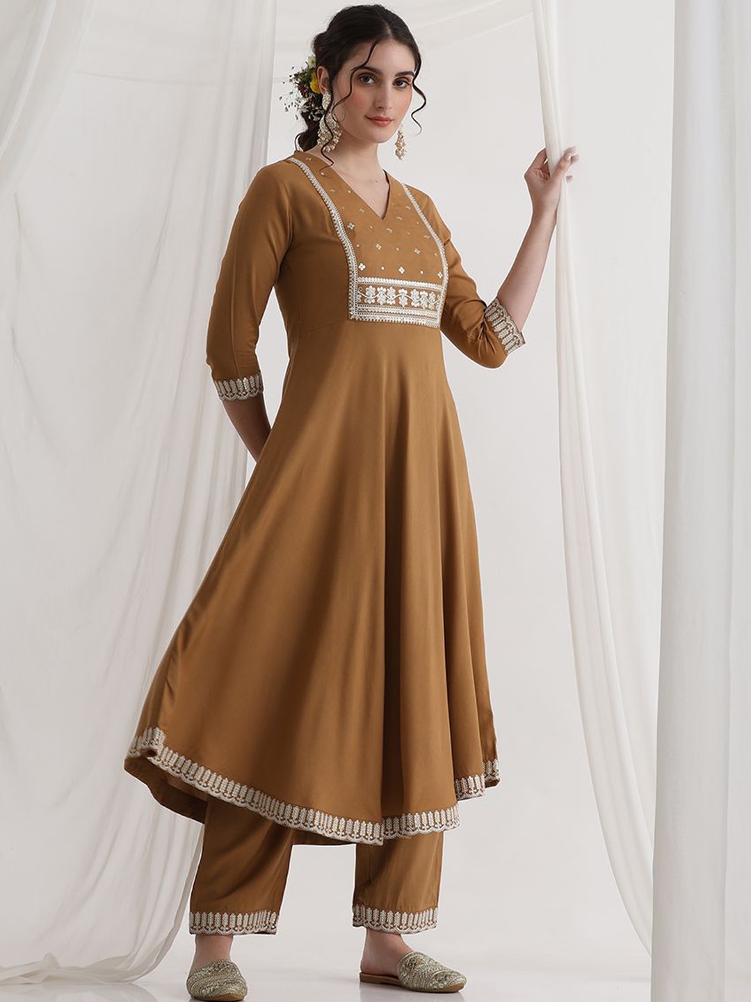 

Khushal K Women Embroidered Angrakha Thread Work Kurta with Palazzos & With Dupatta, Yellow