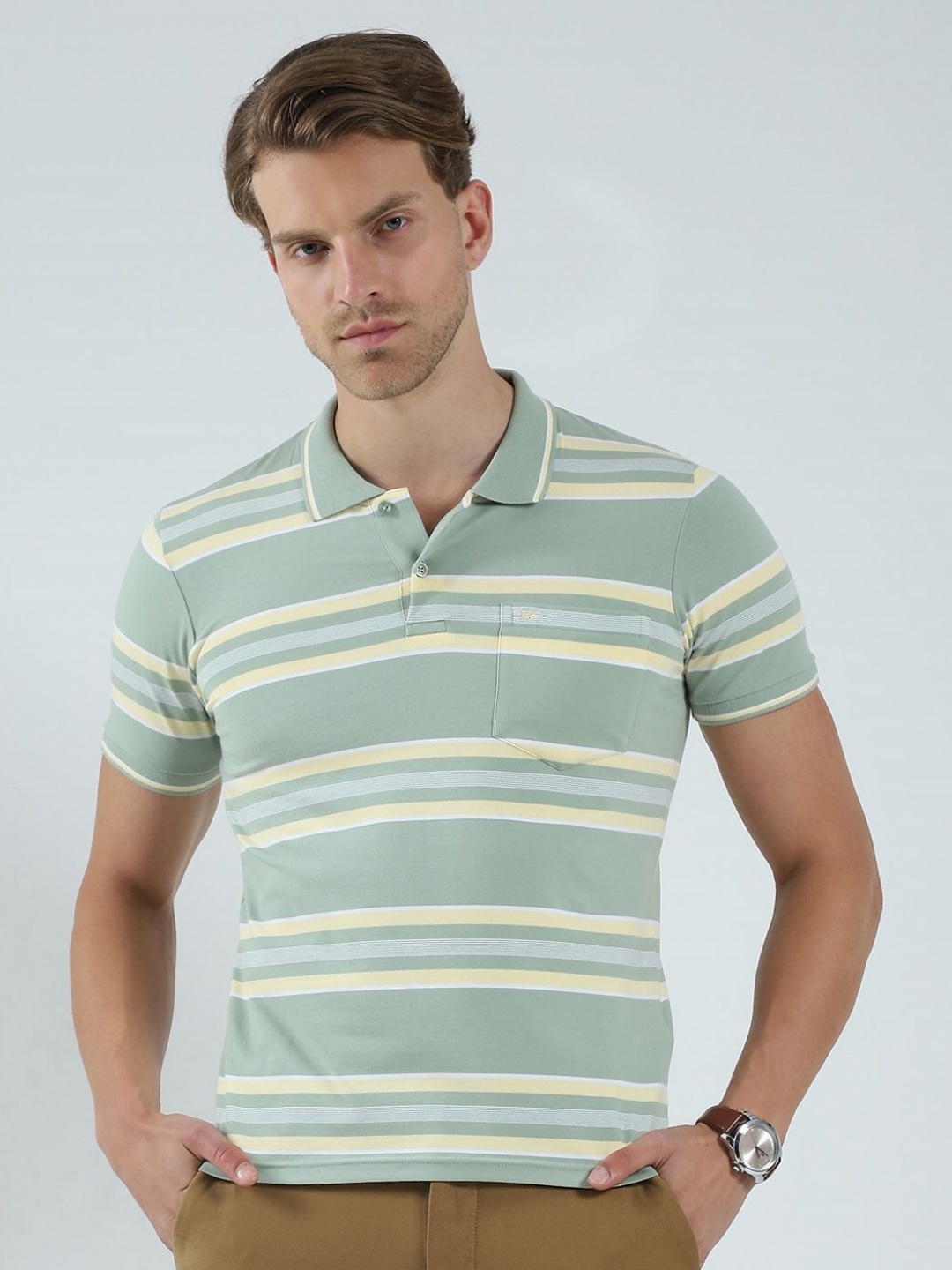 

Monte Carlo Men Striped Polo Collar Pockets T-shirt, Green