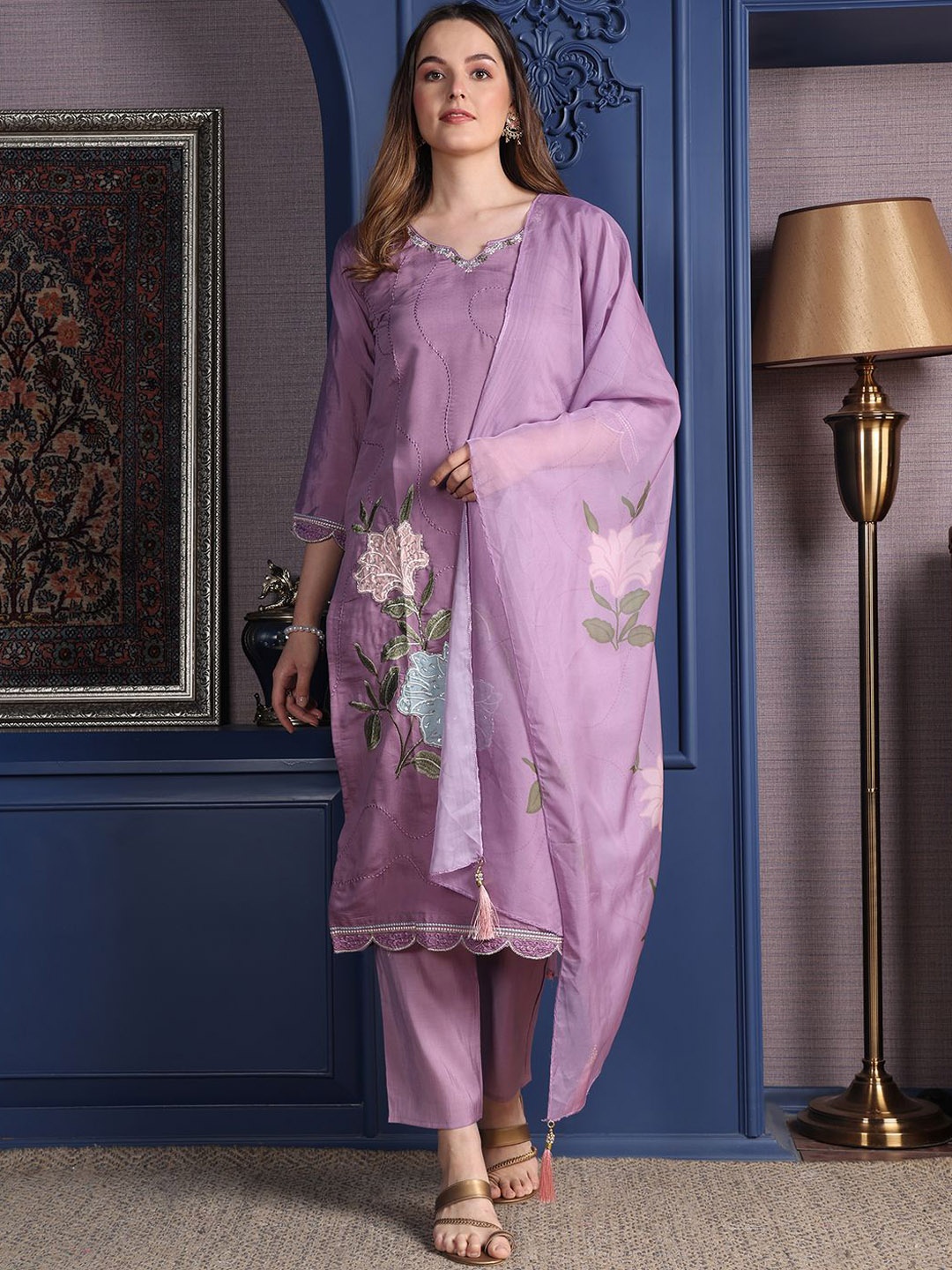 

Berrylicious Floral Embroidered Pure Cotton Straight Kurta with Trousers & Dupatta, Lavender
