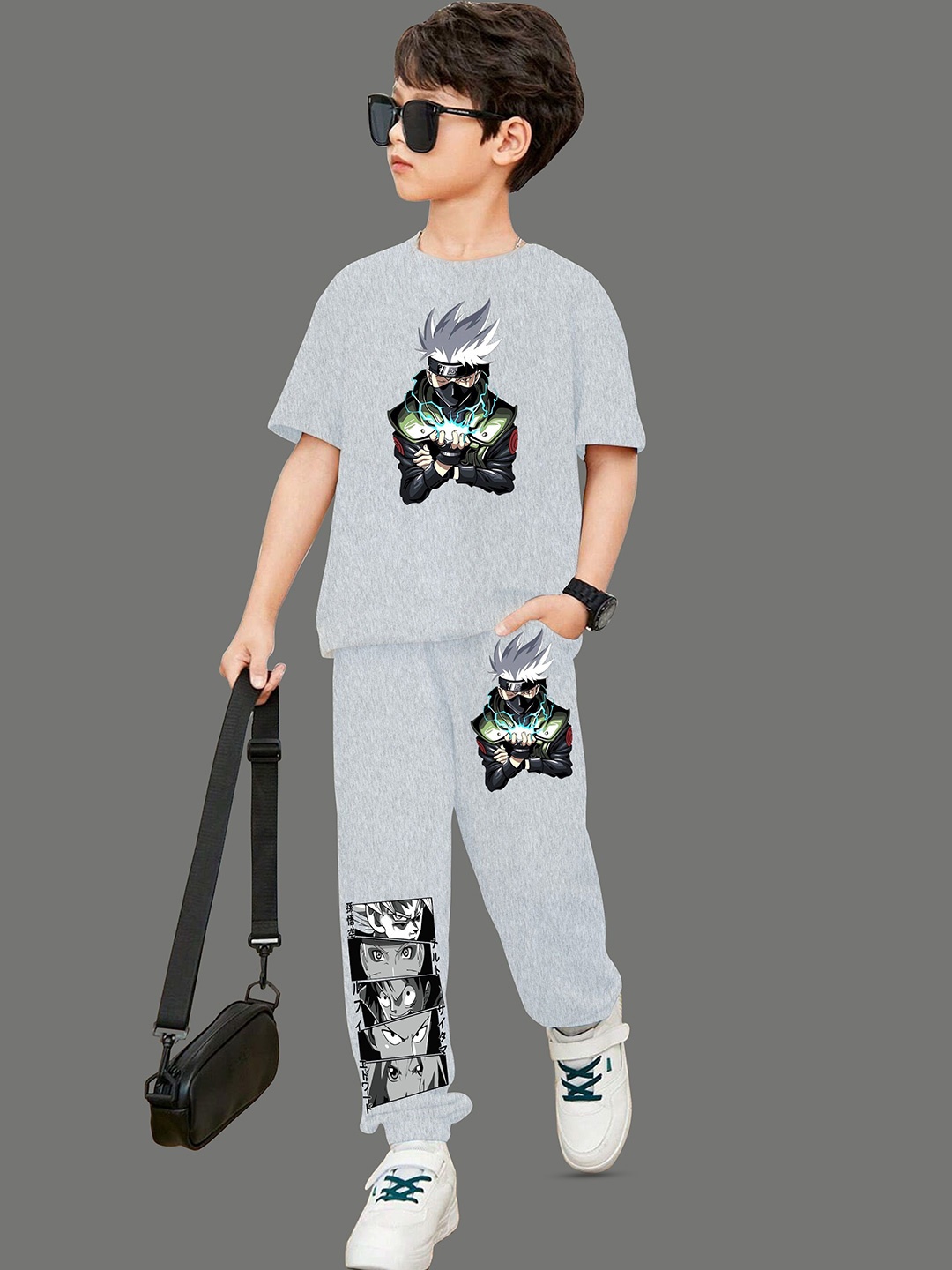

MODARUE Boys Anime Printed Round Neck T-shirt With Joggers, Grey