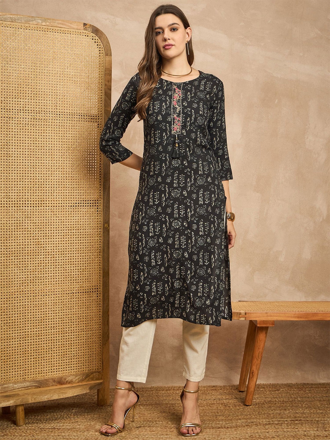 

CHETI Printed Straight Kurta, Black