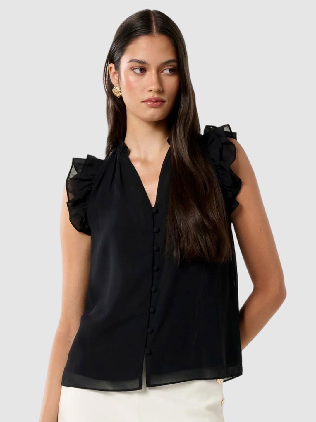

Forever New Women V-Neck Flared Sleeves Top, Black