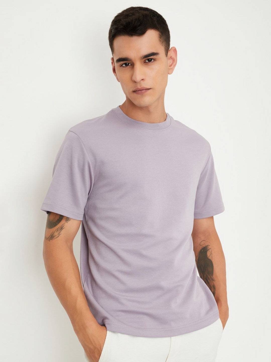 

max Men Solid Round Neck Cotton T-shirt, Purple