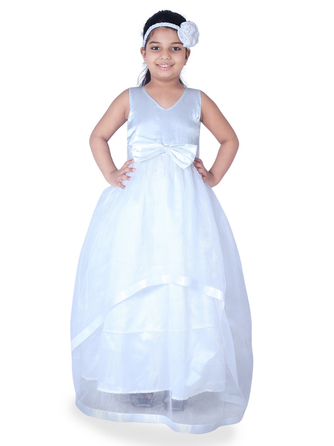 

Wow Princess Girl V Neck Sleeveless Net Fit and Flare Maxi Dress, White