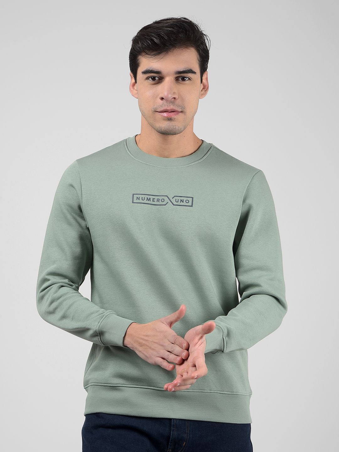 

Numero Uno Men Solid Round Neck Front Open Zipper Sweatshirt, Green