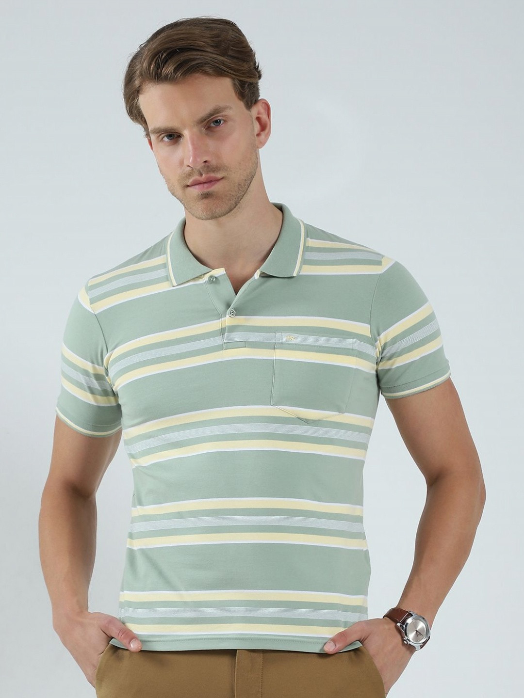 

Monte Carlo Men Striped Polo Collar Pockets T-shirt, Green