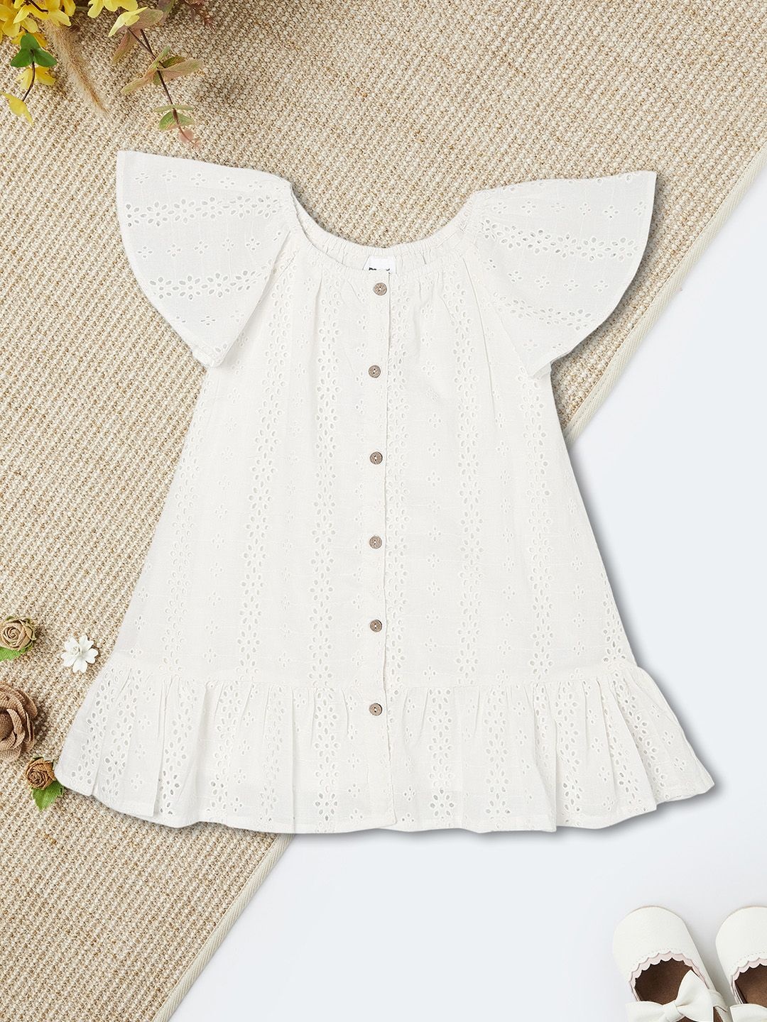 

max Girls Flared Sleeve Schiffli Cotton A-Line Flounce Hem Dress, White