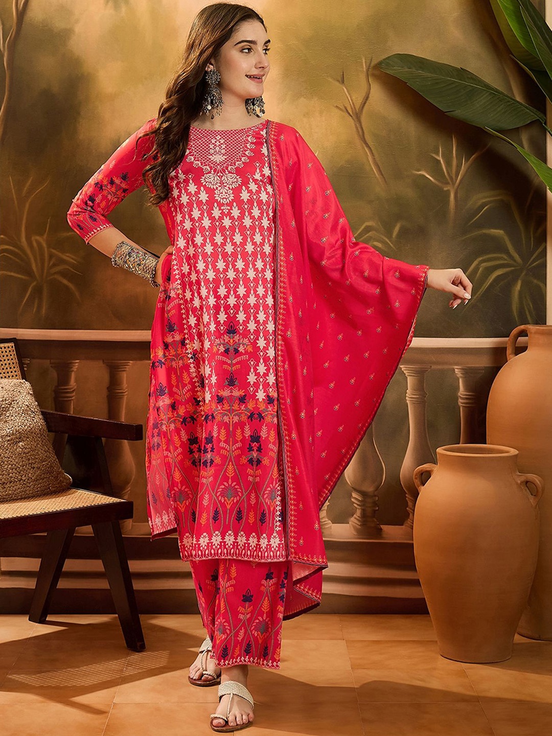 

Sangria Floral Printed Thread Work Straight Kurta with Palazzo & Dupatta, Red