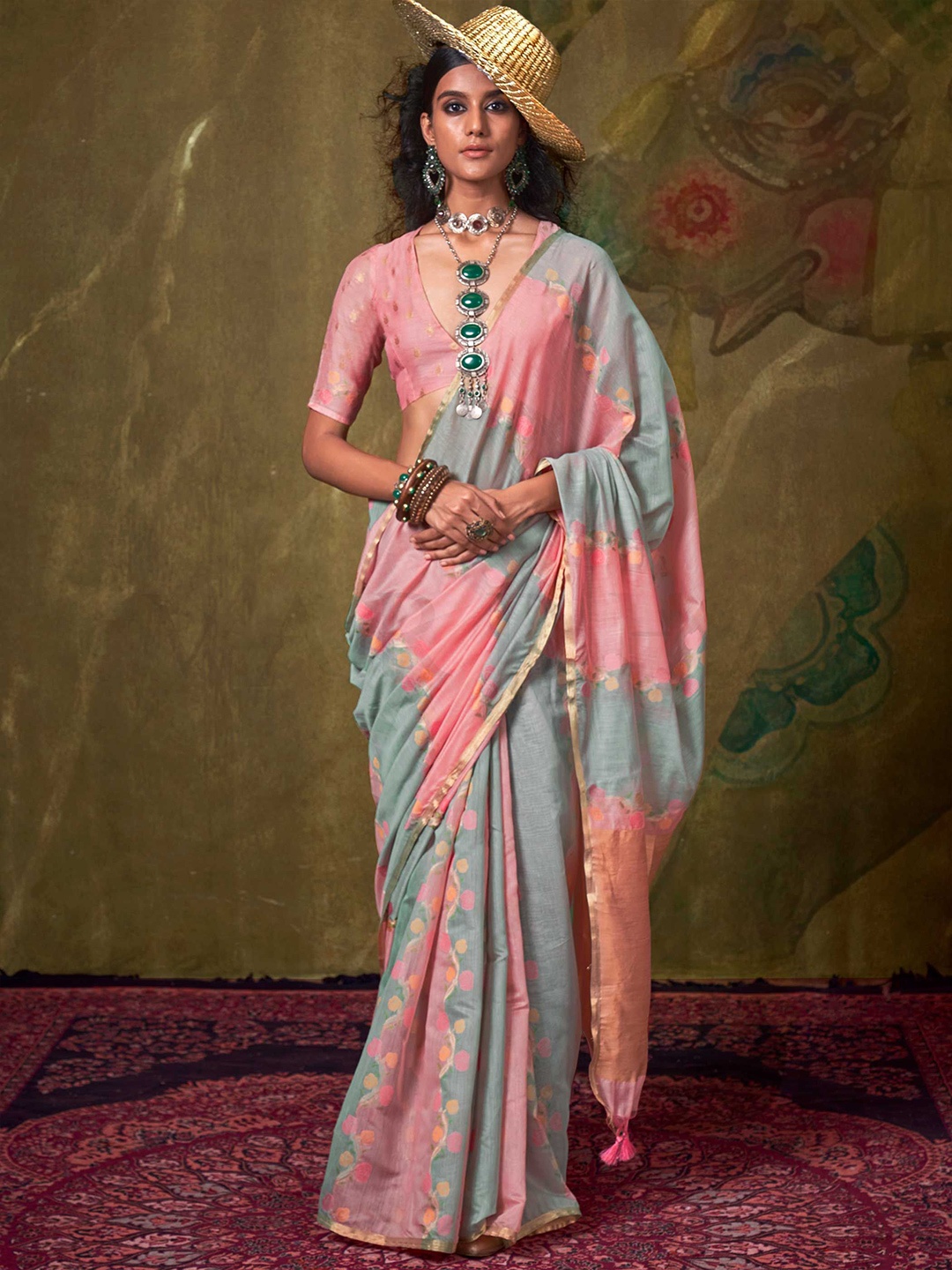 

Vardha Floral Printed Zari Saree, Blue