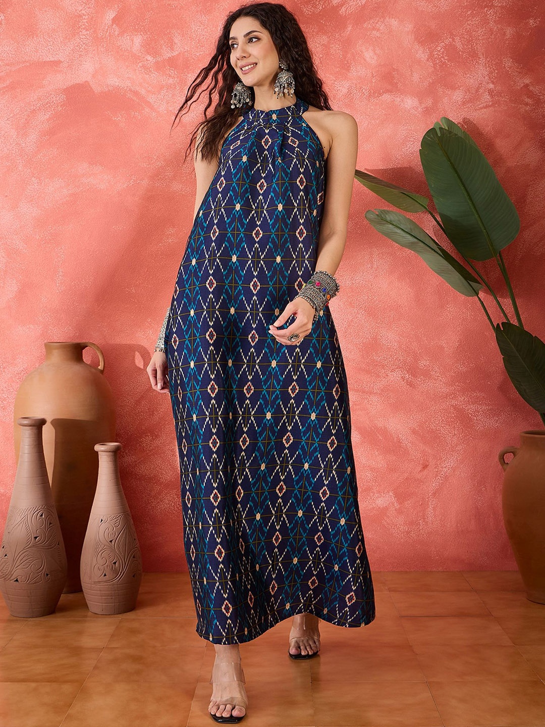 

Sangria Women Printed A-Line Maxi Ethnic Dresses, Navy blue