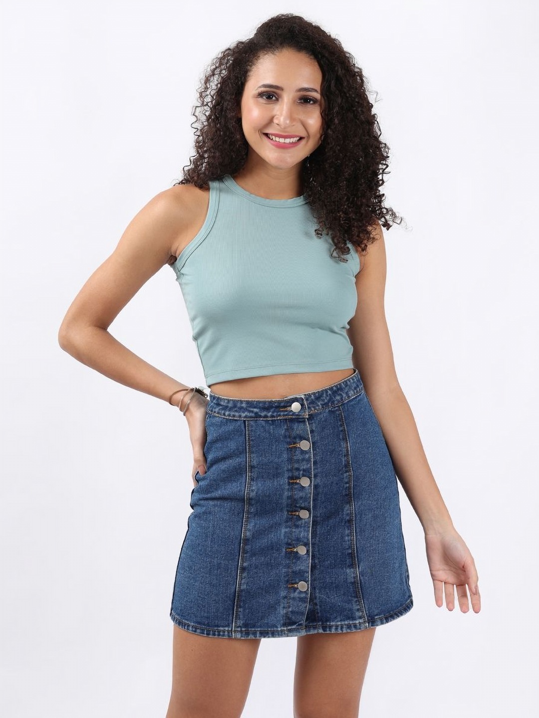 

Bonnaty Women Solid Crop Cotton Slim Fit Top, Green