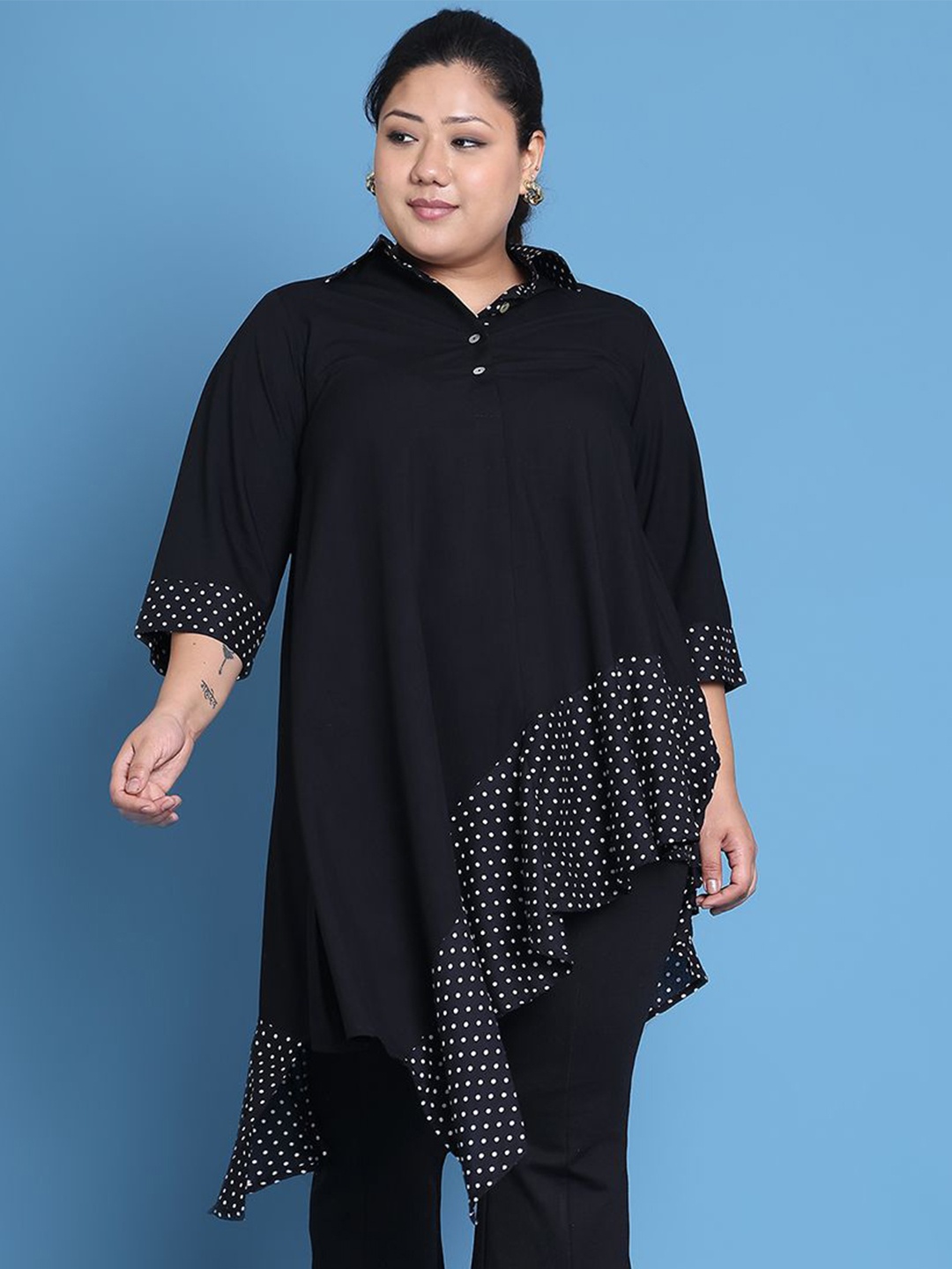 

theRebelinme Woomen Polka Dots Print Shirt Collar Three-Quarter Sleeves Longline Top, Black