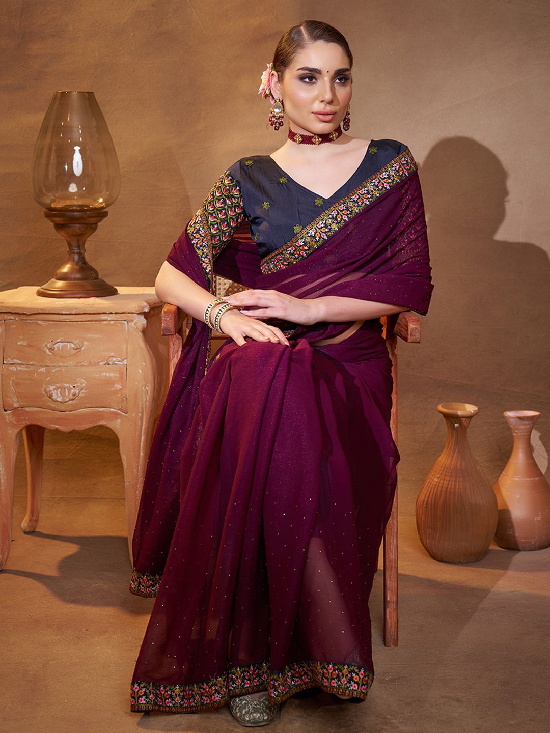 

Kalista Floral Embroidered Pure Chiffon Saree, Purple