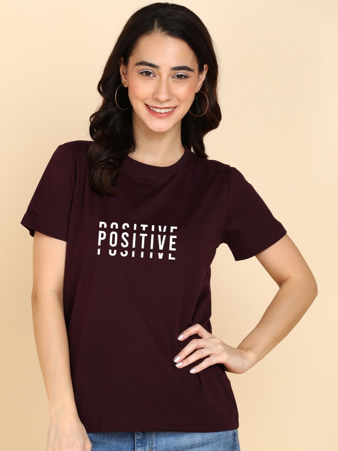 

Adyavastram Women Printed Applique T-shirt, Maroon