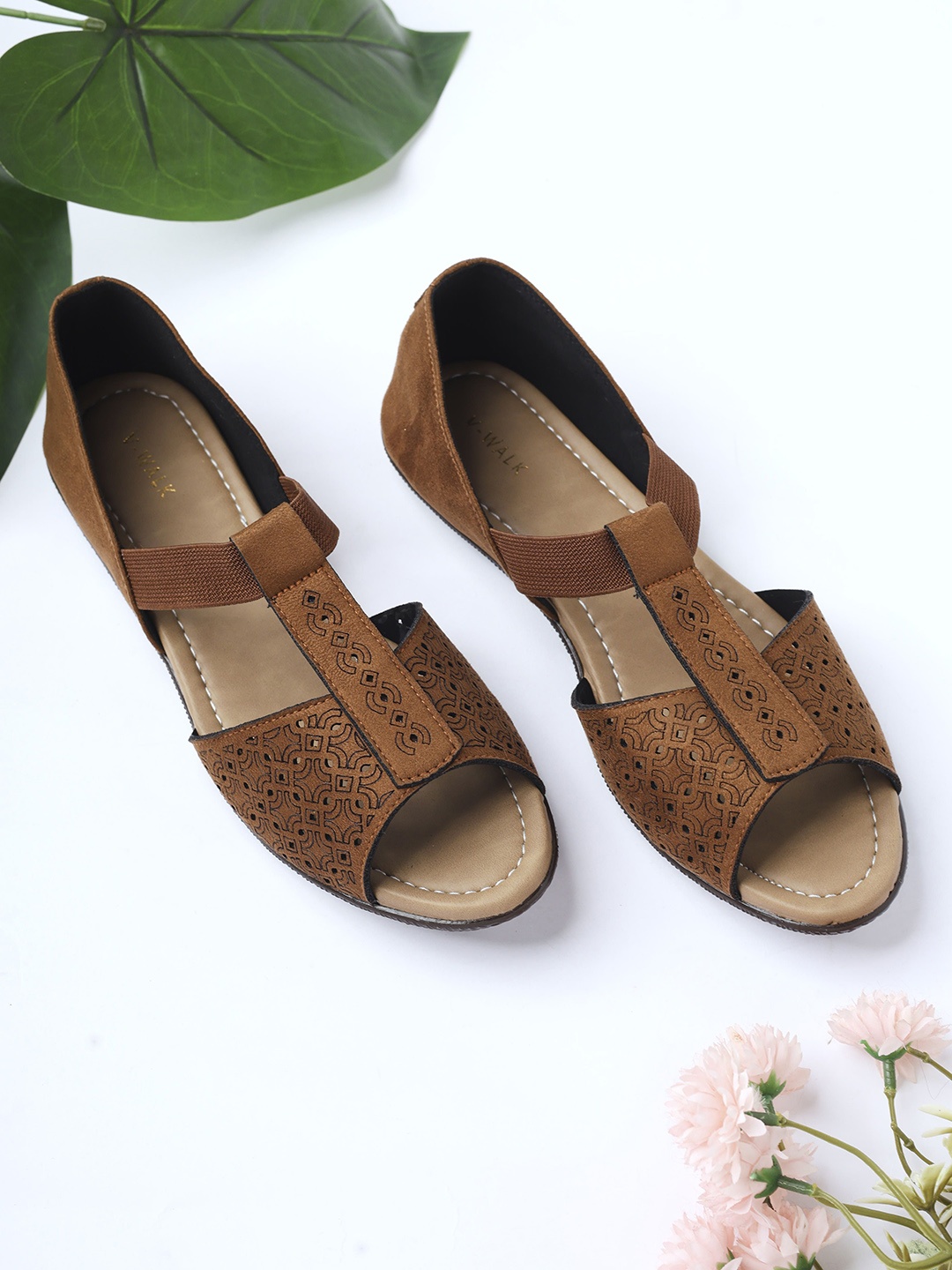 

V-WALK Women Embellished Open Toe Flats with Laser Cuts, Brown