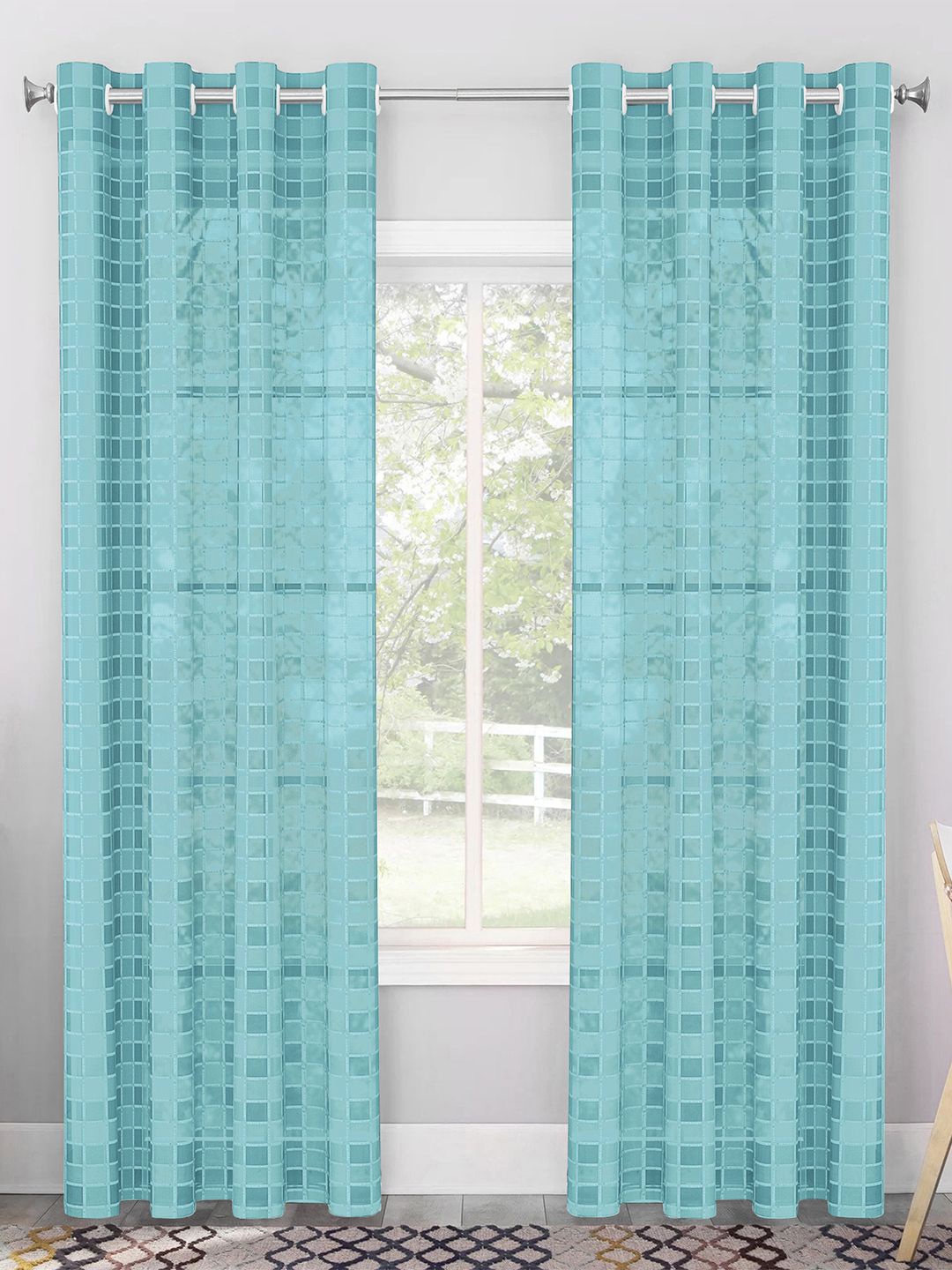 

Story@home Serene Blue Set of 2 Geometric Sheer Long Door Curtains
