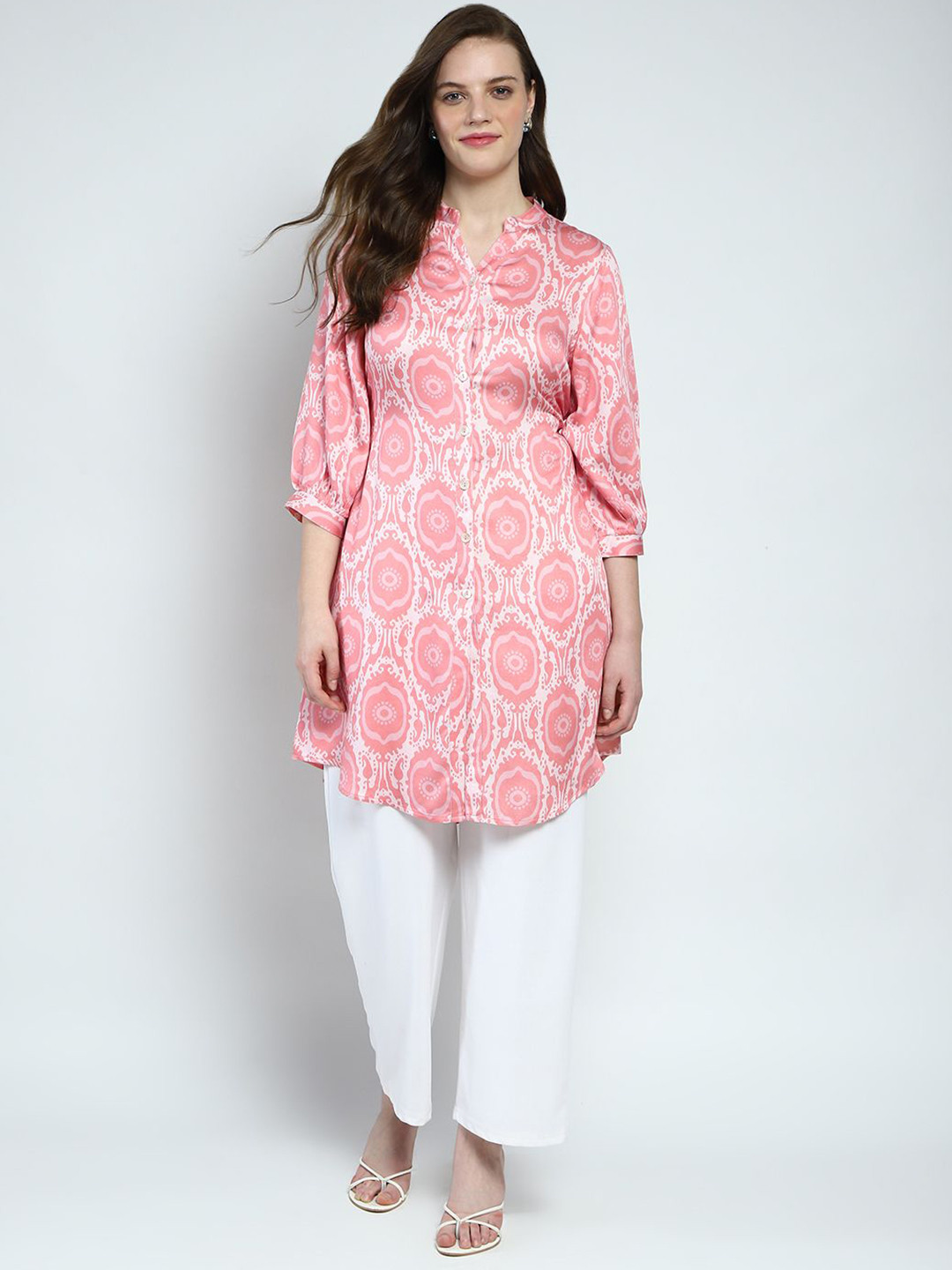 

Monte Carlo Floral Printed Mandarin Collar A-Line Kurta, Pink