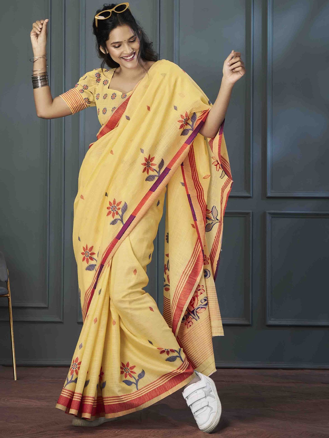 

Mitera Woven Design Printed Saree, Yellow