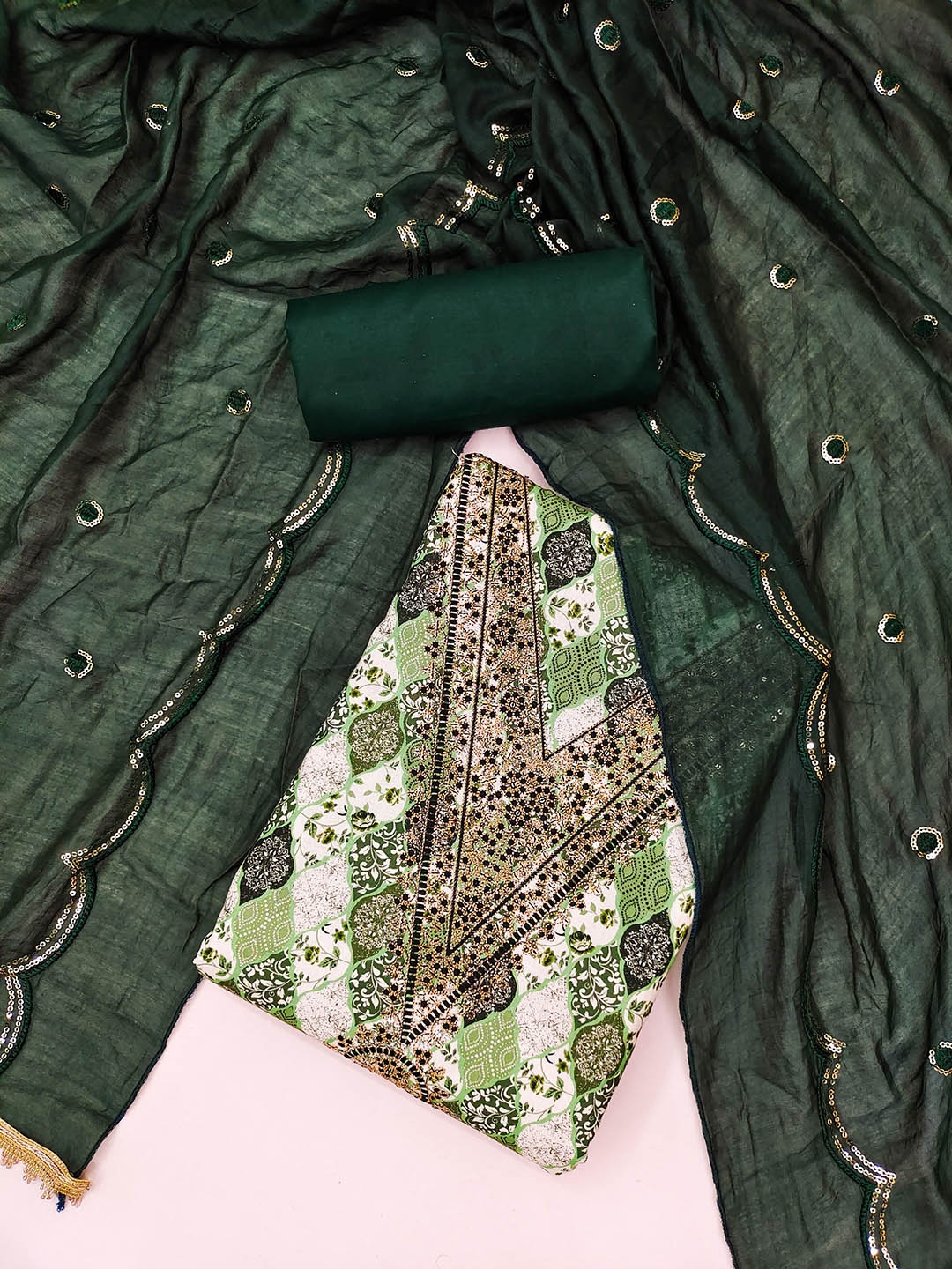 

SHADOW & SAINING Floral Printed Sequinned Unstitched Dress Material, Green