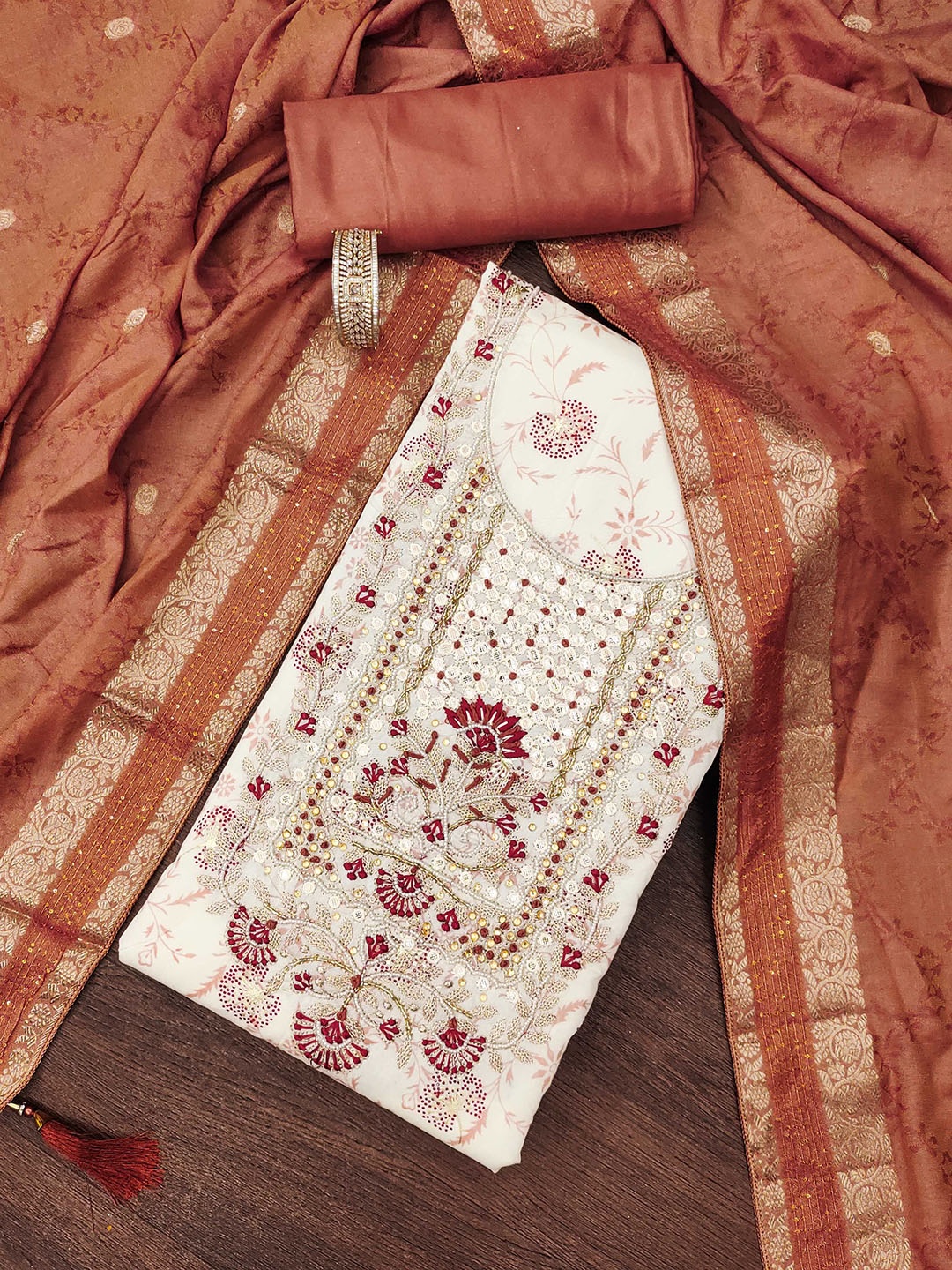 

SHADOW & SAINING Floral Woven Design Modal Chanderi Semi-Stitched Dress Material, Off white