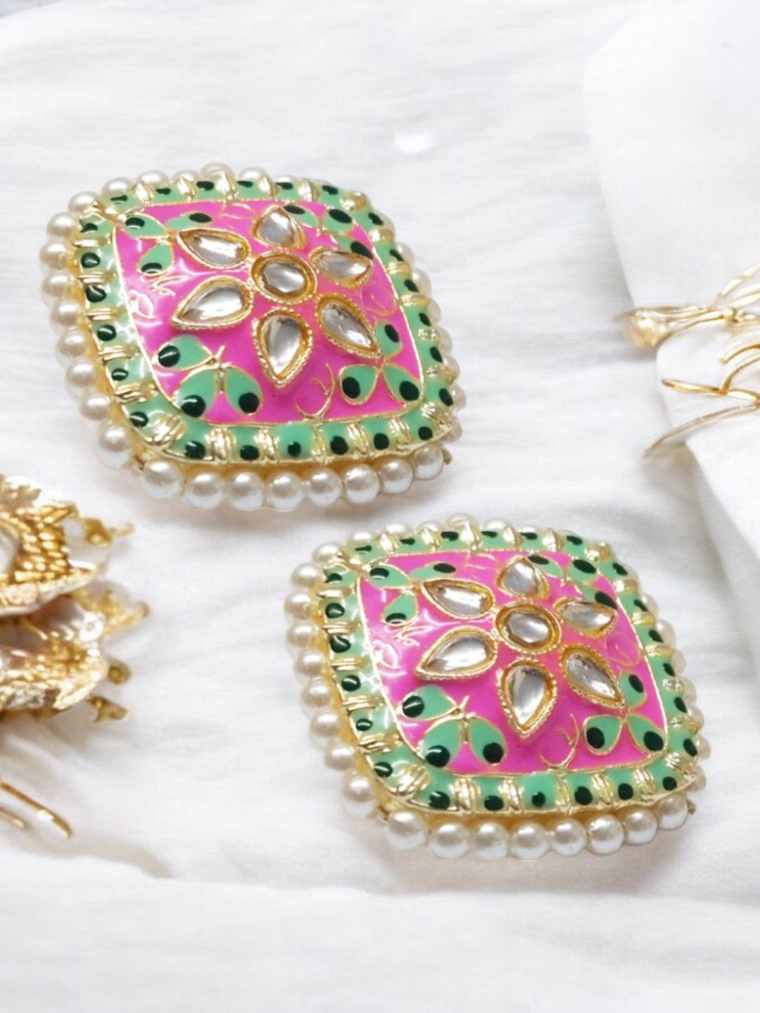 

Anouk Meenakari Kundan Studded Square Shaped Studs, Pink