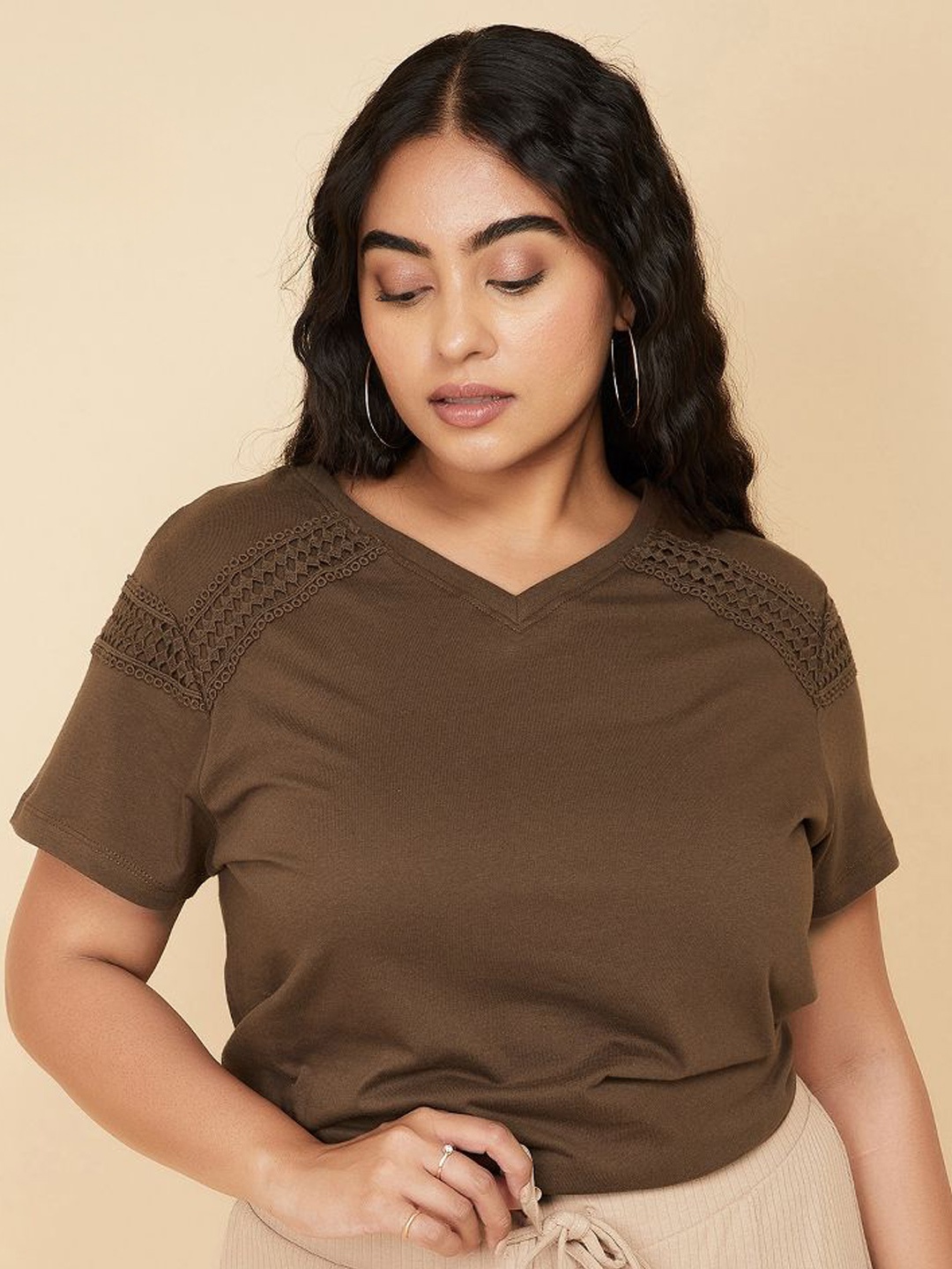 

max Ribbed V-Neck Cotton Top, Brown