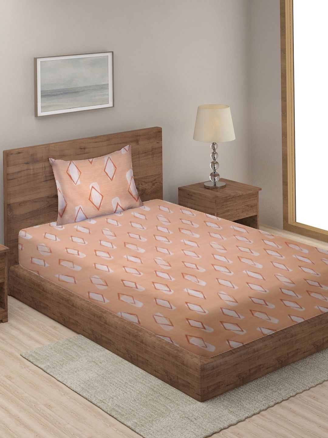 

Myntra Elegant Homes Peach Geometric Printed 300 TC Single Bedsheet Set 2.2 m x 1.5 m