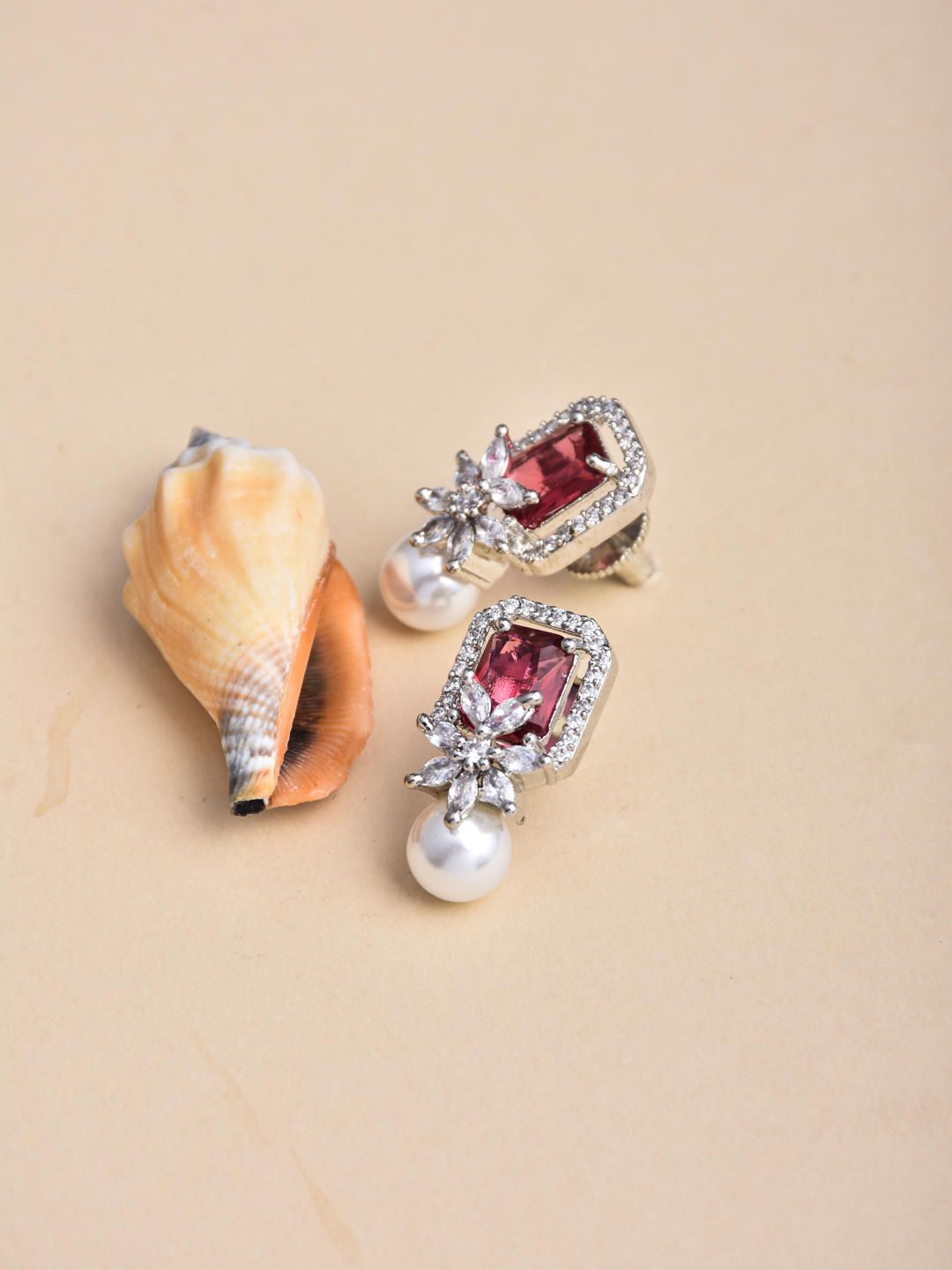 

Reenisaa Rhodium-Plated Stones Studded & pearls Square Shaped Drop Earrings, Silver