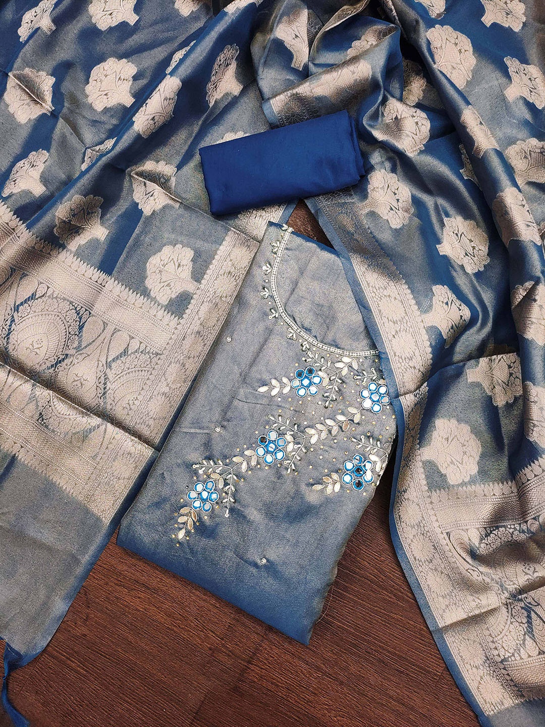 

SHADOW & SAINING Ethnic Motifs Embellished Organza Semi-Stitched Dress Material, Blue
