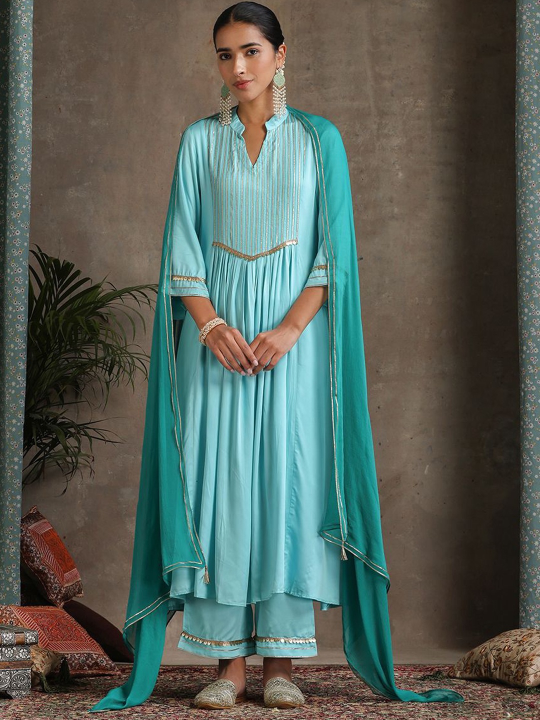 

Khushal K Women Embroidered Regular Kurta with Palazzos & With Dupatta, Turquoise blue