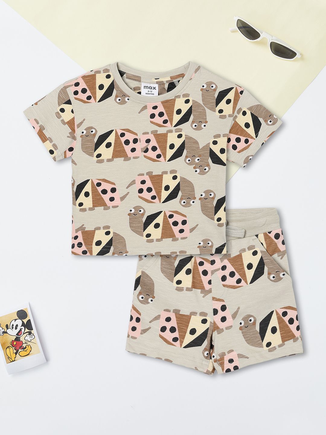 

max Boys Printed Round Neck Pure Cotton T-shirt With Shorts, Grey