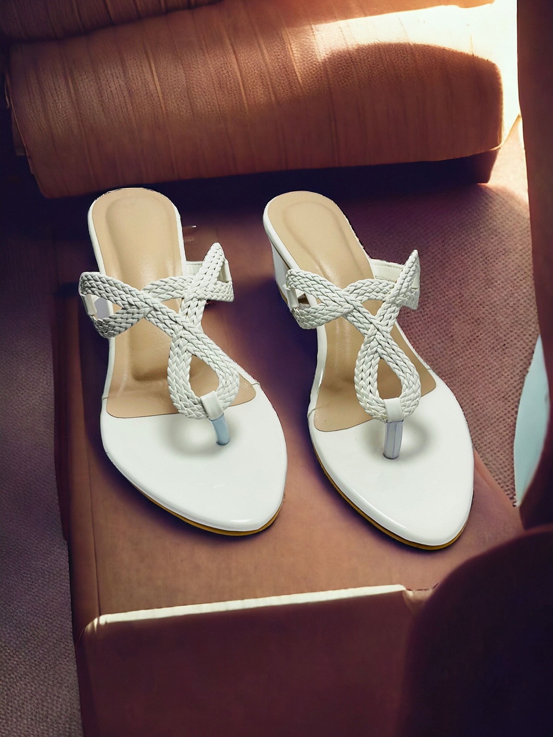 

FABBMATE Women Woven Design Open Toe Block Heel Sandals, White
