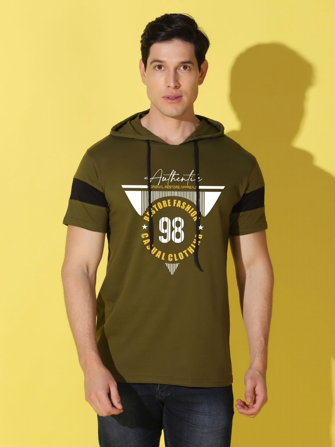 

WOOSTRO Men Typography Printed Hooded Slim Fit T-shirt, Olive