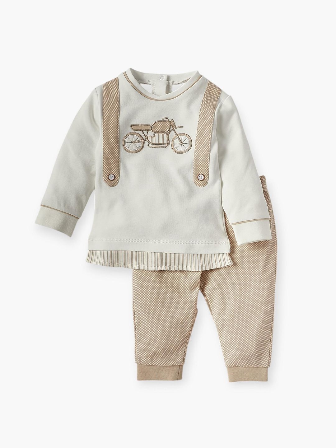 

Giggles by Babyshop Boys Embroidered Round Neck Pure Cotton T-shirt With Joggers, Beige