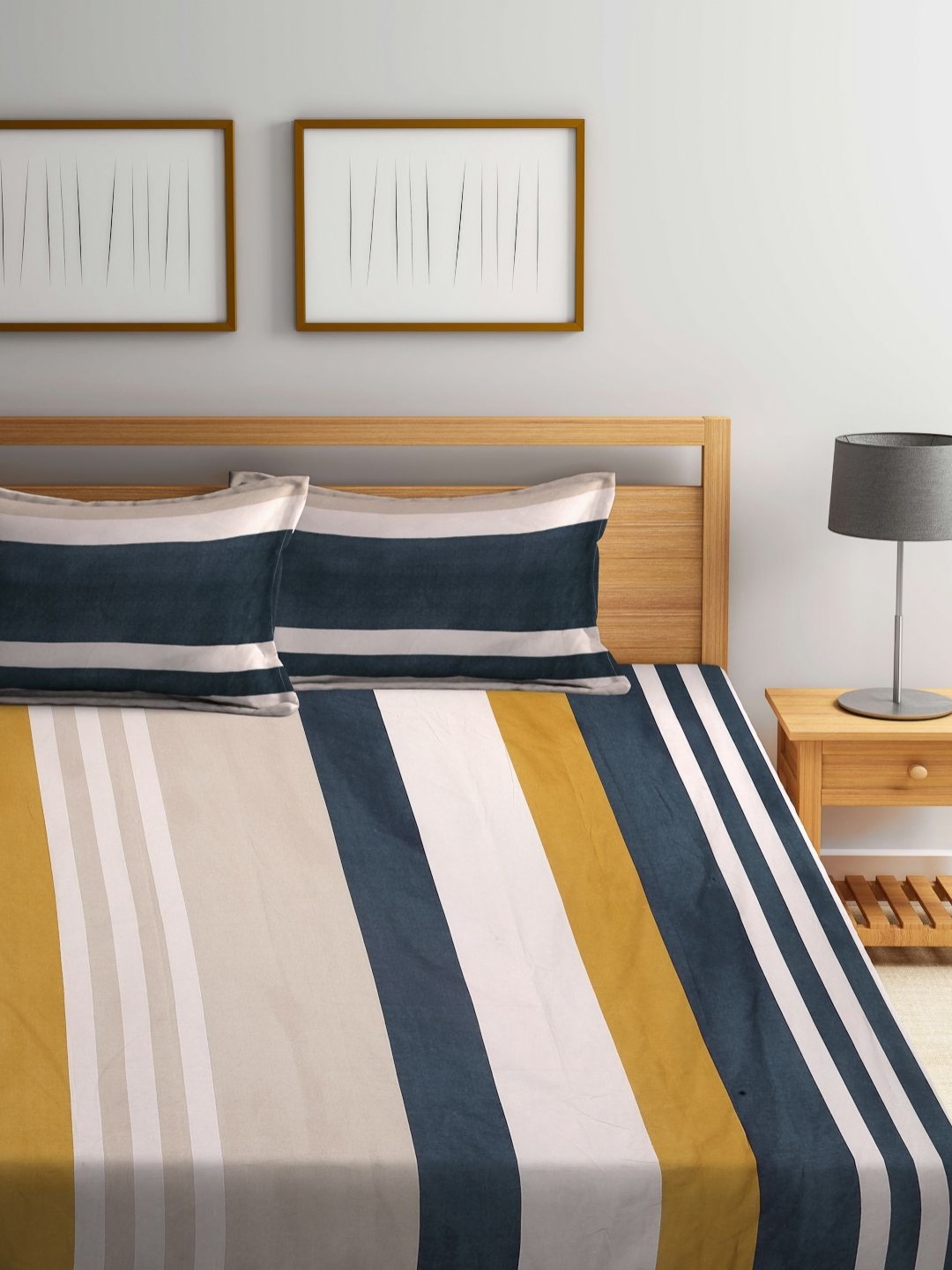 

Myntra Elegant Homes White & Blue Striped Fitted 300 TC King Bedsheet Set 2.70 m x 2.70 m