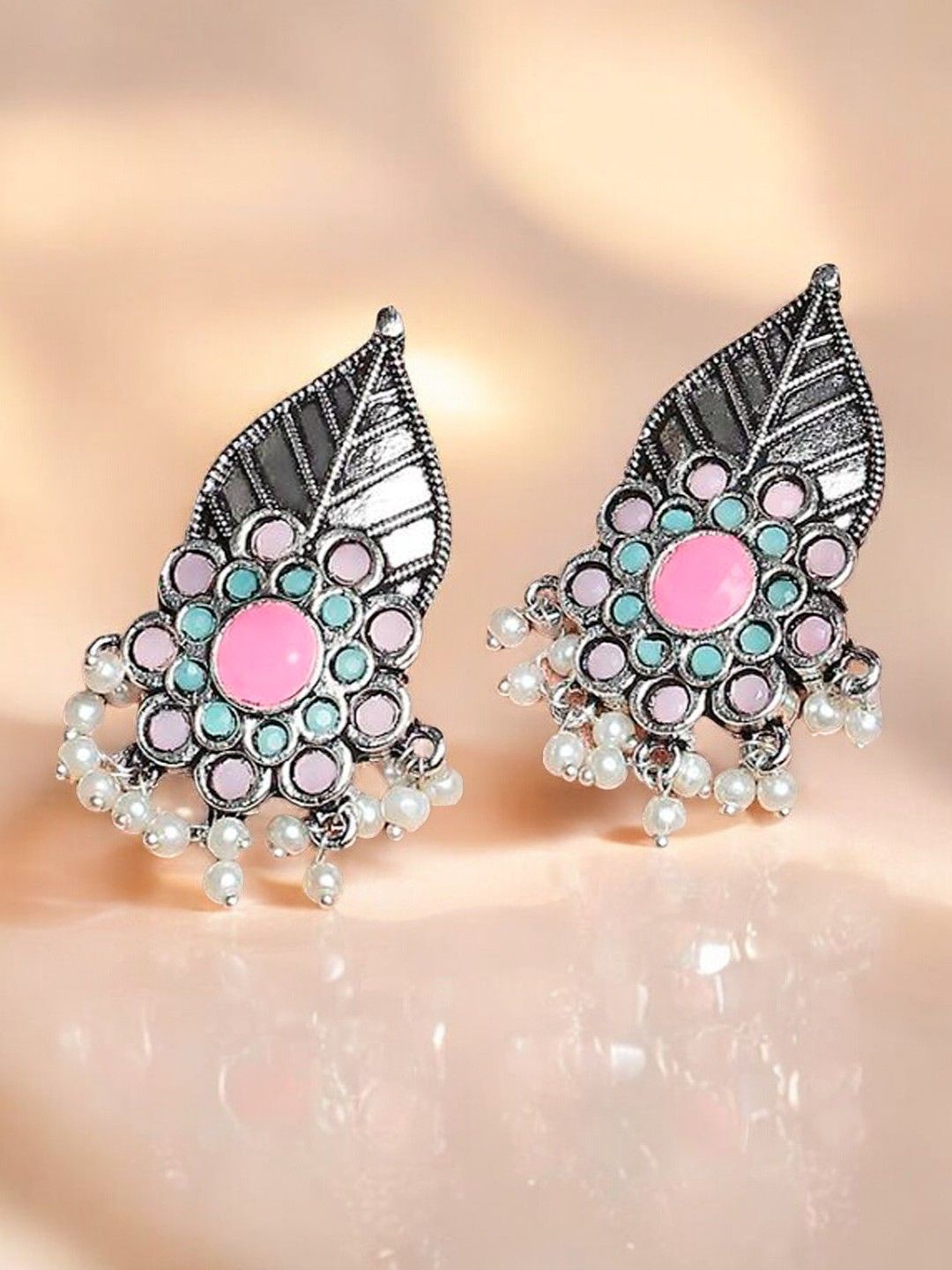 

Sangria Artificial Stones Studded & Beaded Leaf Floral Shaped Drop Earrings, Silver