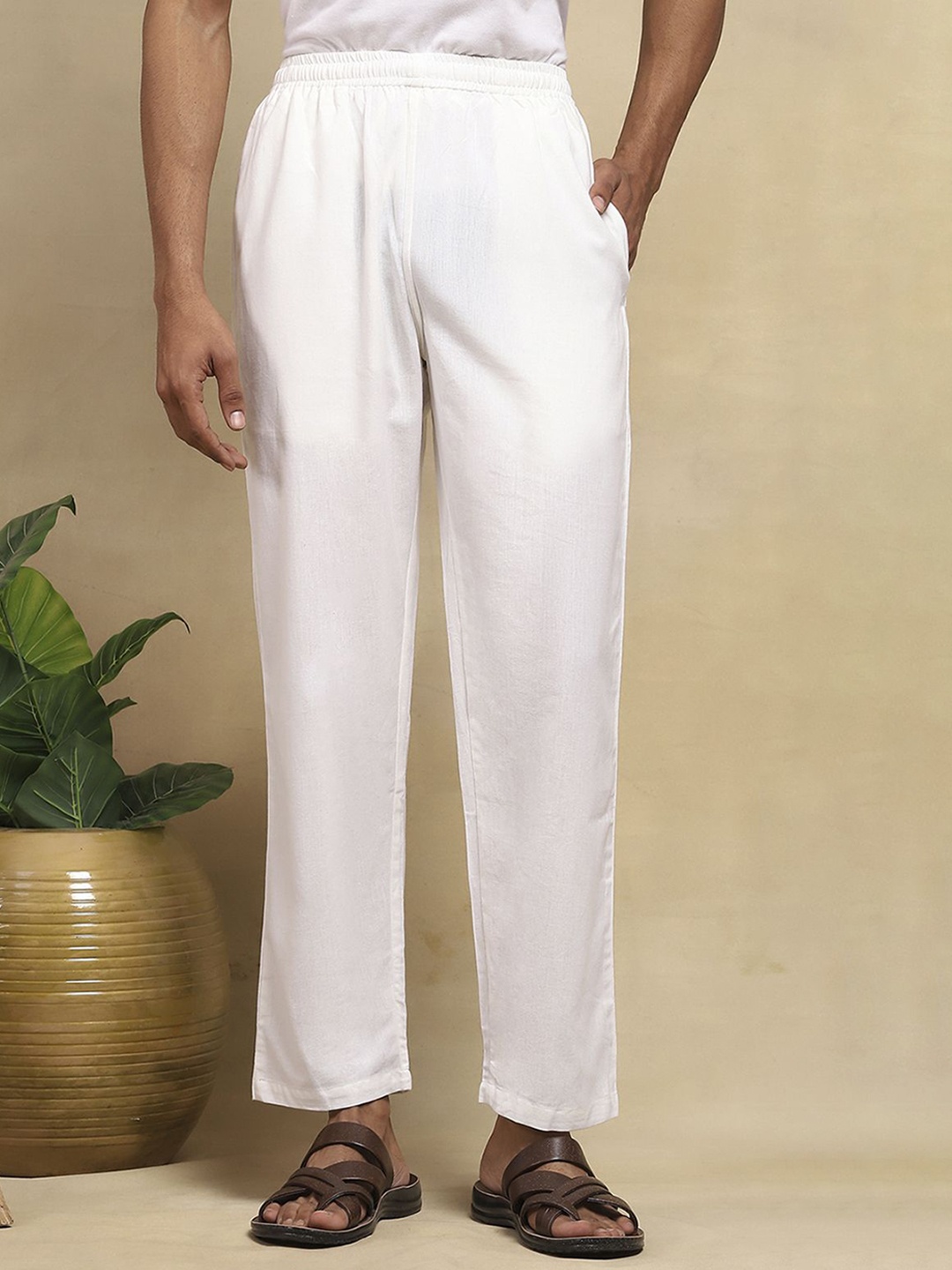 

House of Chikankari Men Cotton Solid Pants White