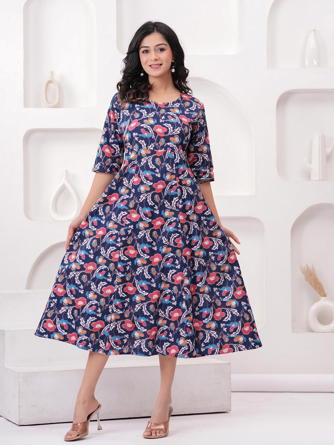 

Sanganeri Kurti Women Floral Printed Cotton Fit & Flare Midi Dress, Blue