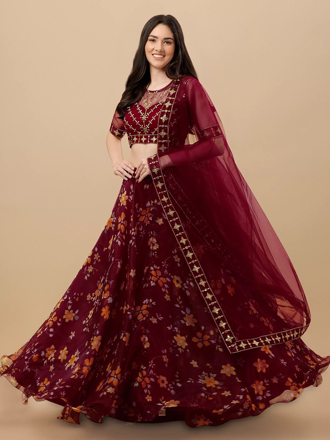 

BAESD Embroidered Semi-Stitched Lehenga & Unstitched Blouse With Dupatta, Maroon
