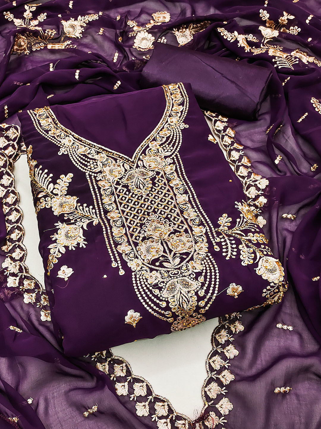 

SHADOW & SAINING Floral Embroidered Zari Georgette Unstitched Dress Material, Purple