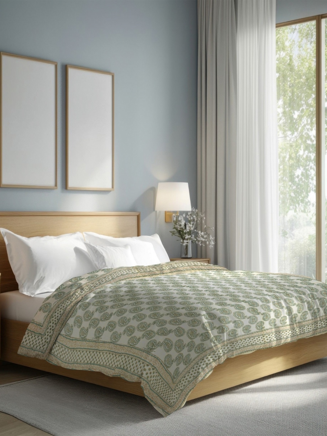 

The Rajwadi Feather Light Green Ethnic Motifs Pure Cotton 90 GSM AC Room Double Bed Quilt
